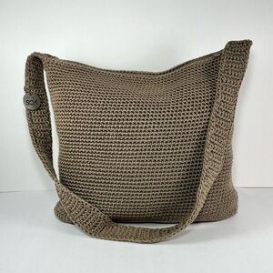The SAK Crochet Shoulder Bag Purse Beige/ Taupe Zipper Medium Size